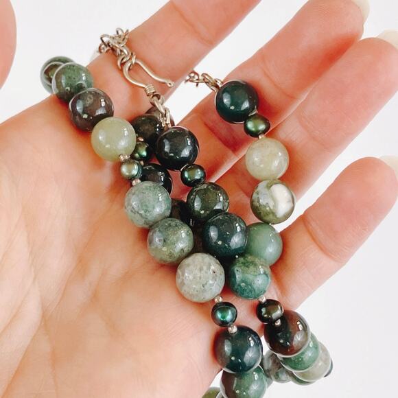 VTG Moss Agate and Peacock Pearl Beaded Artisan Necklace Y2K Natural Stone - Picture 6 of 10